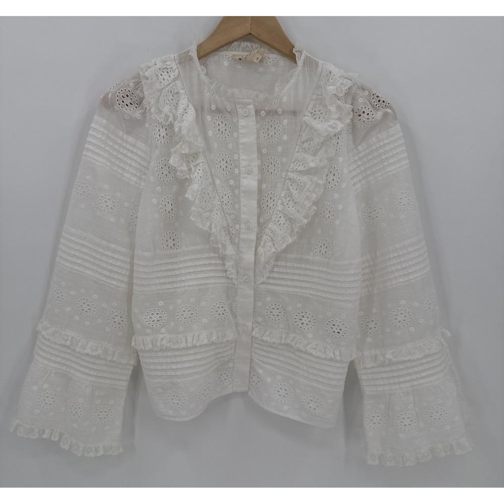 Sezane Womens White Nele Lace Cropped Button Up Blouse Size 36/Small Elegant